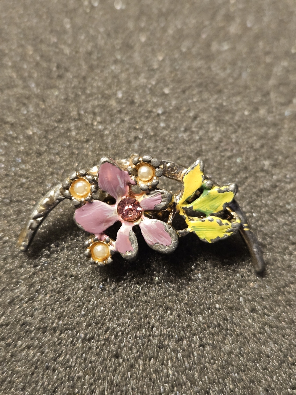 Vintage Purple and Green Floral Enamel Brooch With Pearl Accents & Purple Center